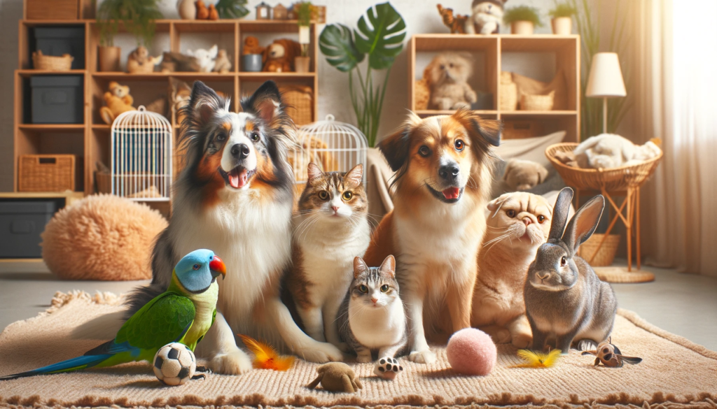 A group of pets including a fluffy dog sleek cat cheerful parrot and curious rabbit posing together in a cozy room filled with pet friendly decor